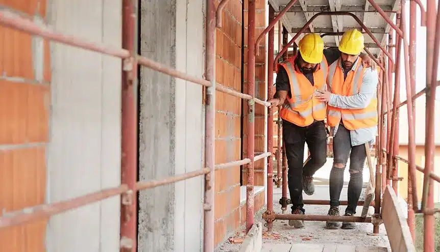 an worker helping another injured worker walk