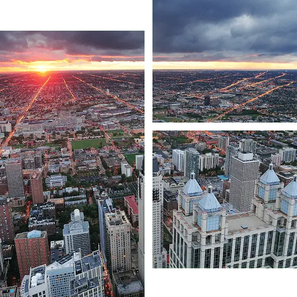 three aerial views of a dense downtown city at sunset with glowing street grids and skyscrapers