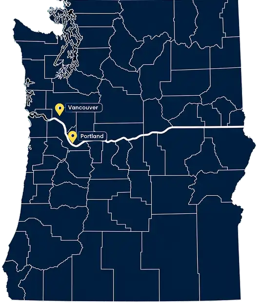 map showing highlighting key service locations of philbrook law vancouver and portland